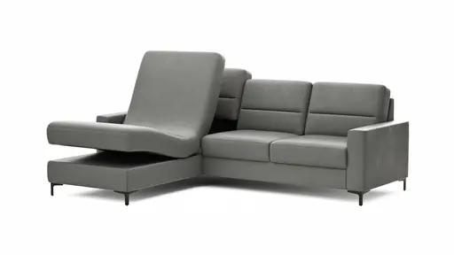 Ecksofa Merlos H - Longchair links und 2,5-Sitzer rechts inkl. Relaxfunktion (motorisch), Leder, Graubraun
