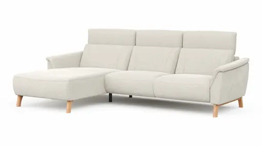 Ecksofa Nevin - Longchair links mit 2-Sitzer rechts, inkl. Kopfpolsterverstellung, Stoff, Weiß