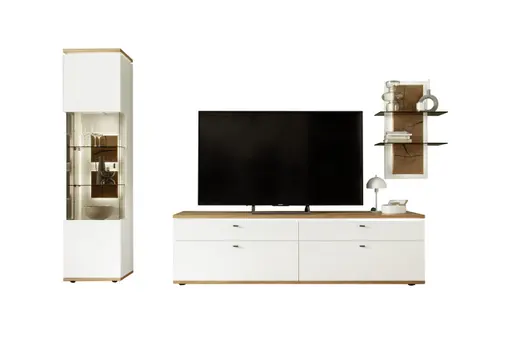 Wohnwand mit Beleuchtung - Weiß, Absetzung Wildeiche Furnier