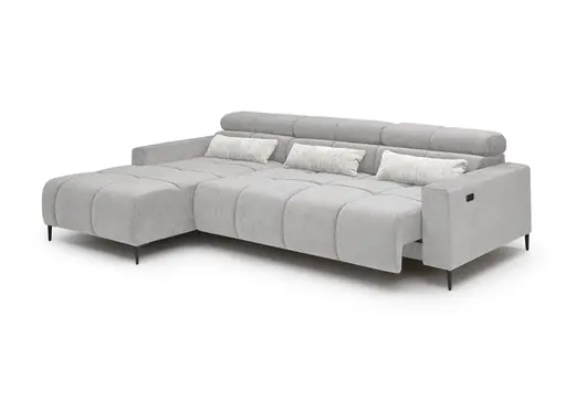 Ecksofa - Longchair links mit 2-Sizer, Sitztiefe verstellbar motorisch/Kopfteil verstellbar, Stoff, Silbergrau