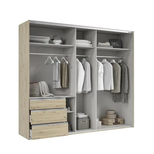 Schwebetürenschrank- B ca. 250 cm, Eiche Dekor, Weiß, Spiegel