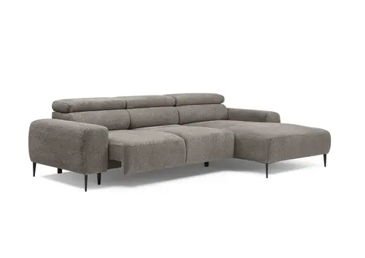 Ecksofa - 2-Sitzer mit Longchair rechts, Sitzvorzug motorisch, Kopfteil verstellbar, Stoff, Sand