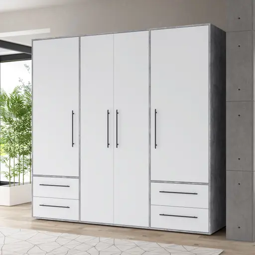 Drehtürenschrank FATHIE- B ca. 206 cm, Betonoptik, Weiß