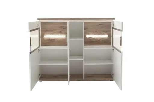 Highboard mit Beleuchtung - Weiß, Absetzung Eiche