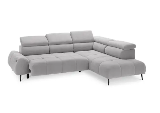 Ecksofa - 2-Sitzer mit Ecke rechts, Sitzvorzug motorisch, Kopfteil verstellbar, Stoff, Hellgrau