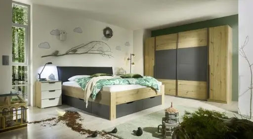 Schwebetürenschrank ROMAN- B ca. 180 cm, Eiche Dekor, Dunkelgrau