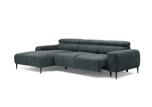 Ecksofa - Longchair links mit 2-Sitzer, Sitzvorzug motorisch, Kopfteil verstellbar, Stoff, Blaugrün