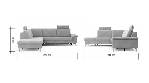 Ecksofa Tulsa KS - 1,5-Sitzer mit Anstellhocker aufklappbar links, Spitzecke und 2,5-Sitzer rechts, inkl. Kopfstütze, AL verstellbar und Schlaffunktion, Stoff, Graubeige