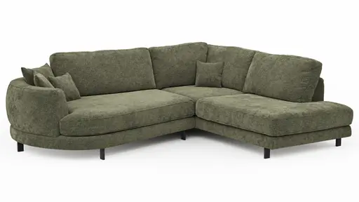Ecksofa Solenne - Diwan rund links mit Ottomane rechts, Stoff, Olive