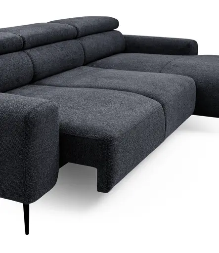 Ecksofa - 2-Sitzer mit Longchair rechts, Sitzvorzug motorisch, Kopfteil verstellbar, Stoff, Schwarzgrau