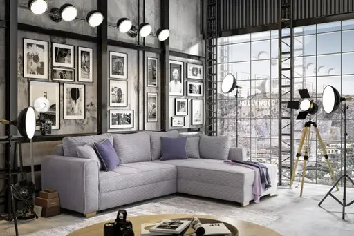 Ecksofa JAMELL - 2,5-Sitzer, Ecke rechts inkl. Schlaffunktion mit Bettkasten, Stoff, Hellgrau