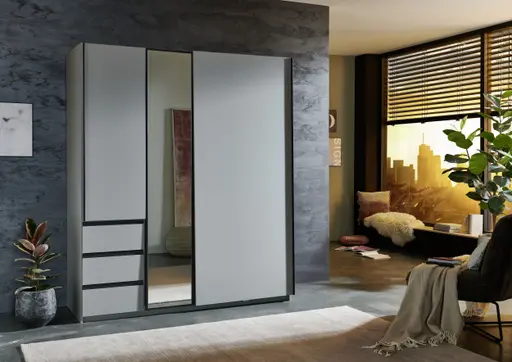 Schwebetürenschrank- B168 cm, Hellgrau, Graphit, Spiegel