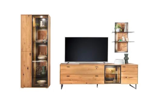 Wohnwand - inkl. Beleuchtung, Eiche, teilmassiv