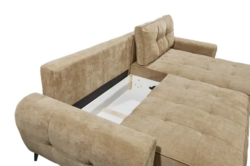 Ecksofa  - Sofa 2-Sitzer mit Longchair rechts, Schlaffunktion mit Bettkasten,Stoff, Macchiato