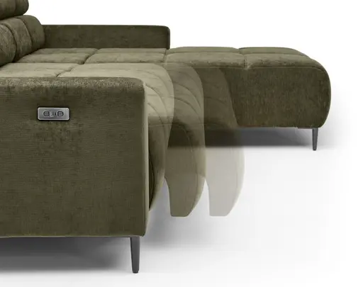 Ecksofa - 2-Sitzer mit Longchair rechts, Sitztiefe verstellbar motorisch/Kopfteil verstellbar, Stoff, Dunkelgrün