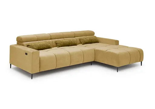 Ecksofa - 2-Sitzer mit Longchair rechts, Sitztiefe verstellbar motorisch/Kopfteil verstellbar, Stoff, Senfgelb