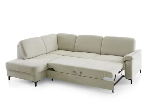 Ecksofa - Ecke links, 3-Sitzer inkl. Schlaffunktion mit Bettkasten, Premiumkopfstützen, 2 ZierkissenStoff, Beige