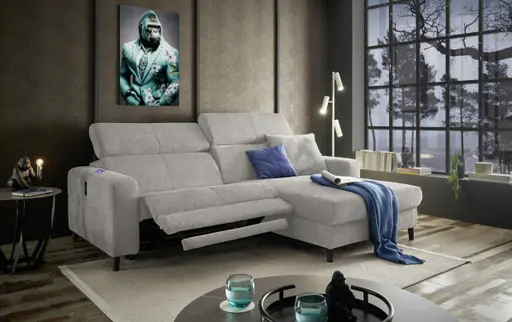 Ecksofa JANKO - 1-Sitzer mit Longchair rechts, Relaxfunktion motorisch, Stoff, Grau