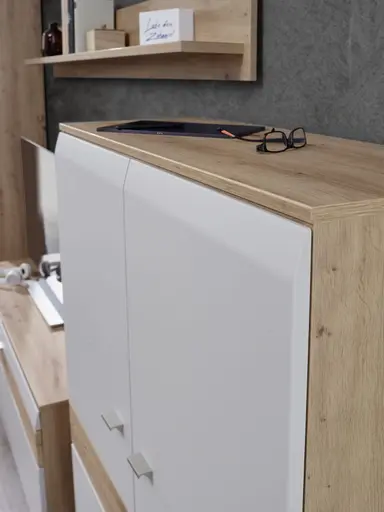 Wohnwand EM Teolo - mit Wandboard und Beleuchtung und geschroppter Rückwand, Alteiche, Lichtgrau