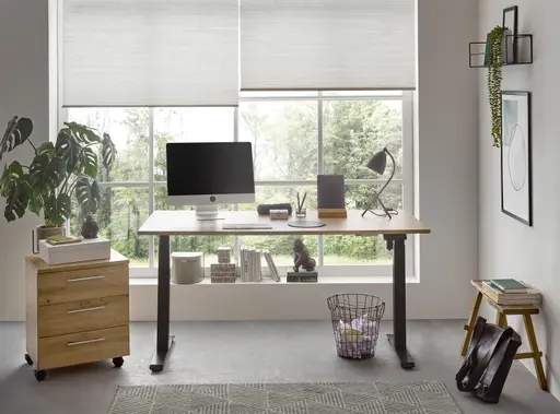 Schreibtisch - höhenverstellbar, LB ca. 137x68 cm, Eiche Dekor, Stahl, Schwarz