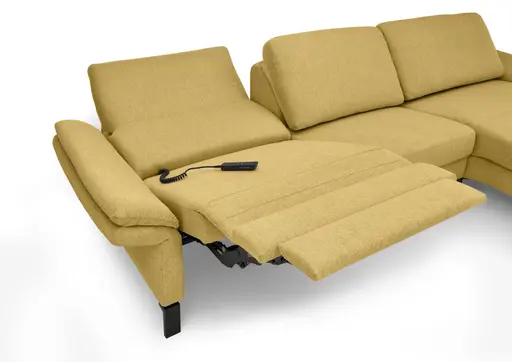 Ecksofa CALM PREMIUM 2.0 - Longchair links mit 3-Sitzer, Relaxfunktion motorisch, Armlehne verstellbar, Stoff, Kurkuma