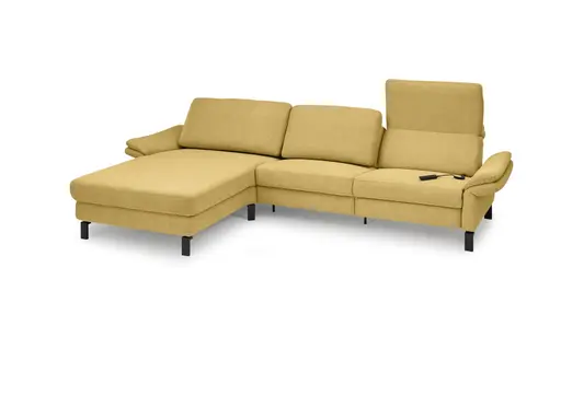 Ecksofa CALM PREMIUM 2.0 - Longchair links mit 3-Sitzer, Relaxfunktion motorisch, Armlehne verstellbar, Stoff, Kurkuma