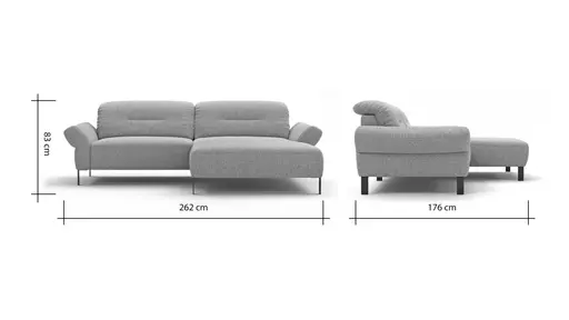 Ecksofa David - 1,5-Sitzer mit Longchair rechts inkl. Kopfstütze/Armlehne verstellbar, Stoff, Hellgrau