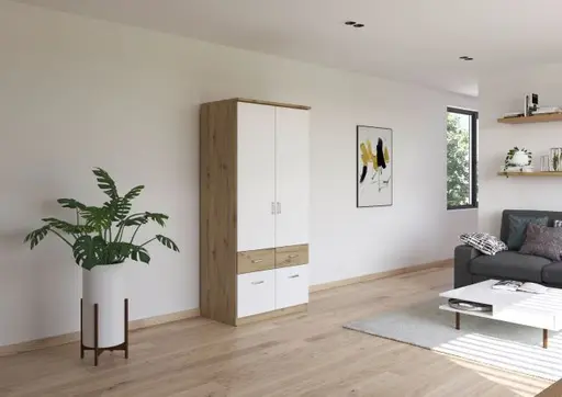 Drehtürenschrank ROYAN- B ca. 91 cm, Eiche Dekor, Weiß