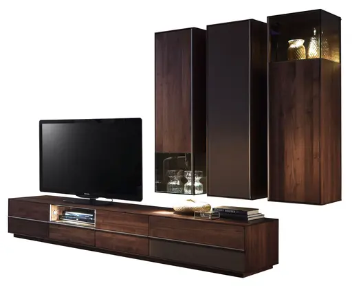 Wohnwand - mit Beleuchtung, Nussbaum massiv