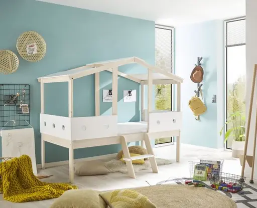 Hausbett - Liegefläche ca. 90x200 cm, Weiß, Kiefer Natur