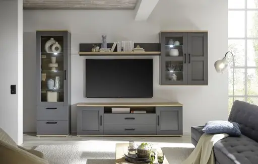 Wohnwand - mit Beleuchtung, Grau, Artisan Eiche Nachbildung