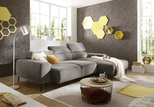 Ecksofa - 2-Sitzer mit Longchair rechts, Sitzvorzug motorisch, Kopfteil verstellbar, Stoff, Sand