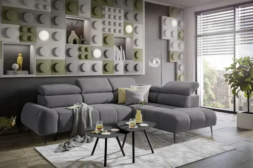 Ecksofa - 2-Sitzer mit Ecke rechts, Sitzvorzug motorisch, Kopfteil verstellbar, Stoff, Grau