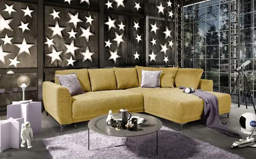 Ecksofa JACEK - 3-Sitzer, Ecke rechts inkl. Schlaffunktion mit Bettkasten, Stoff, Senfgelb