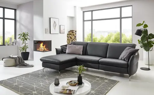 Ecksofa - Longchair links mit 2-Sitzer rechts, Leder, Anthrazit