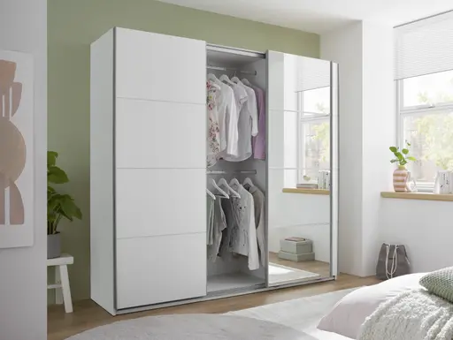 Schwebetürenschrank- B ca. 215 cm, Weiß, Spiegel