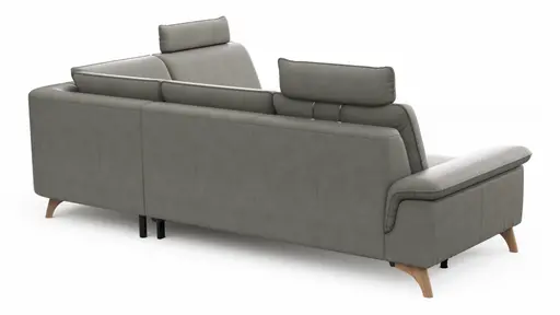 Ecksofa Tulsa KS - 2,5-Sitzer, Spitzecke und 1,5-Sitzer mit Anstellhocker aufklappbar rechts,  inkl. Kopfstütze, AL verstellbar und Schlaffunktion, Leder, Graubeige