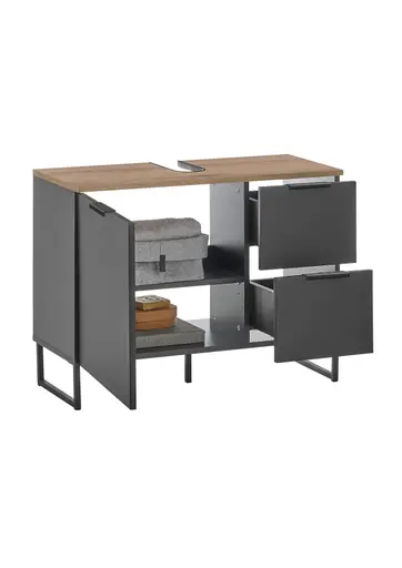 Waschebeckenunterschrank- B ca. 80 cm, Schwarz Matt, Eiche Dekor