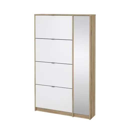 Schuhschrank - B ca. 99 cm, Eiche Struktur Nachbildung, Weiß Hochglanz