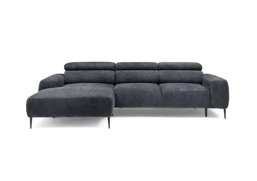 Ecksofa - Longchair links mit 2-Sitzer, Sitzvorzug motorisch, Kopfteil verstellbar, Stoff, Schwarzgrau