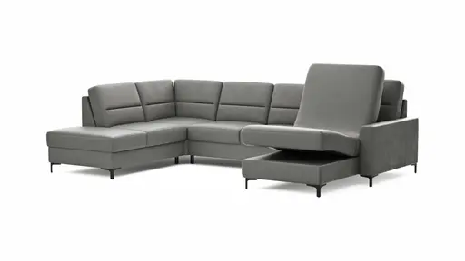 Wohnlandschaft Merlos H - Ecke links mit 2,5-Sitzer und Longchair rechts inkl. Relaxfunktion (motorisch), Leder, Graubraun