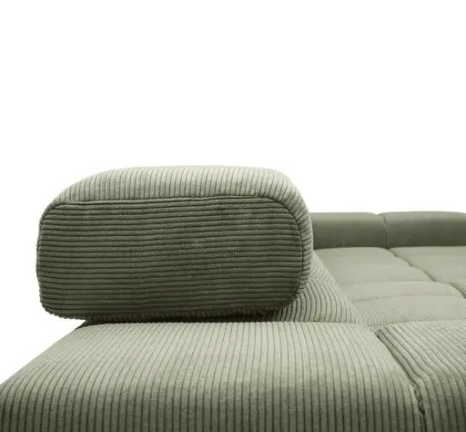 Ecksofa CLIVIA -  2-Sitzer mit Longchair rechts, Sitzvorzug motorisch, Kopfteil verstellbar, Feincord, Olive