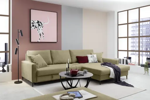 Ecksofa - 3-Sitzer mit Longchair rechts, Schlaffunktion mit Bettkasten, Stoff, Olive