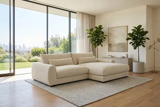 Ecksofa - 3-Sitzer mit Longchair rechts, Cord, Creme