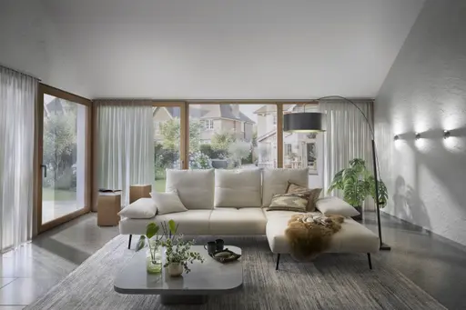 Ecksofa - 2-Sitzer mit Longchair rechts, Sitztiefe verstellbar, Stoff, Natur