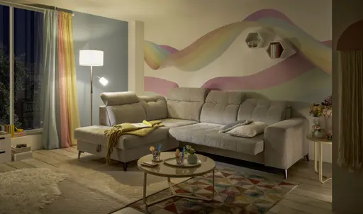 Ecksofa - Ecke links mit 2-Sitzer, Kopfteil verstellbar, Sitztiefe verstellbar motorisch, Stoff, Hellgrau