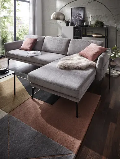Ecksofa Estrela - 2,5-Sitzer mit Longchair rechts inkl. Rücken-/Armlehne verstellbar, Stoff, Grau