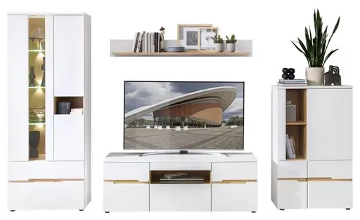 Wohnwand - mit Beleuchtung, Weiß, Artisan Eiche Nachbildung