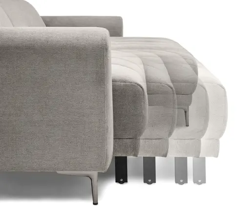 Ecksofa MINAO - 1,5-Sitzer mit Longchair rechts, Sitztiefe verstellbar motorisch, Kopfteil verstellbar, Stoff, Truffle