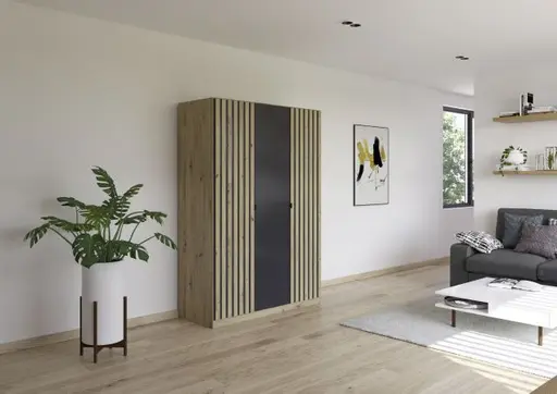 Drehtürenschrank RUERTO- B ca. 136 cm, Eiche Dekor, Dunkelgrau, Paneel, Eiche Dekor